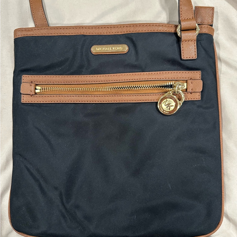 Michael Kors Black Nylon Messenger Bag with Brown Leather Trim